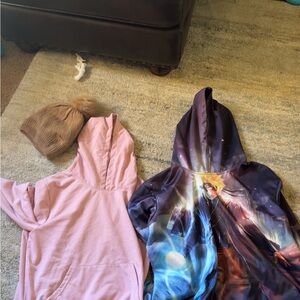Beanie and Anime Graphic Hoodie and Pink Hoodie Set